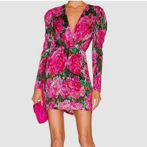 Ronny Kobo Talon Floral Faux Wrap Dress Mini Pink Green Puff Sleeve V Neck S